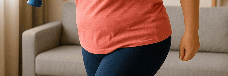 Mulher com sobrepeso iniciando atividade física em casa, segurando um haltere leve enquanto faz exercício de baixo impacto, vestindo roupa esportiva confortável.