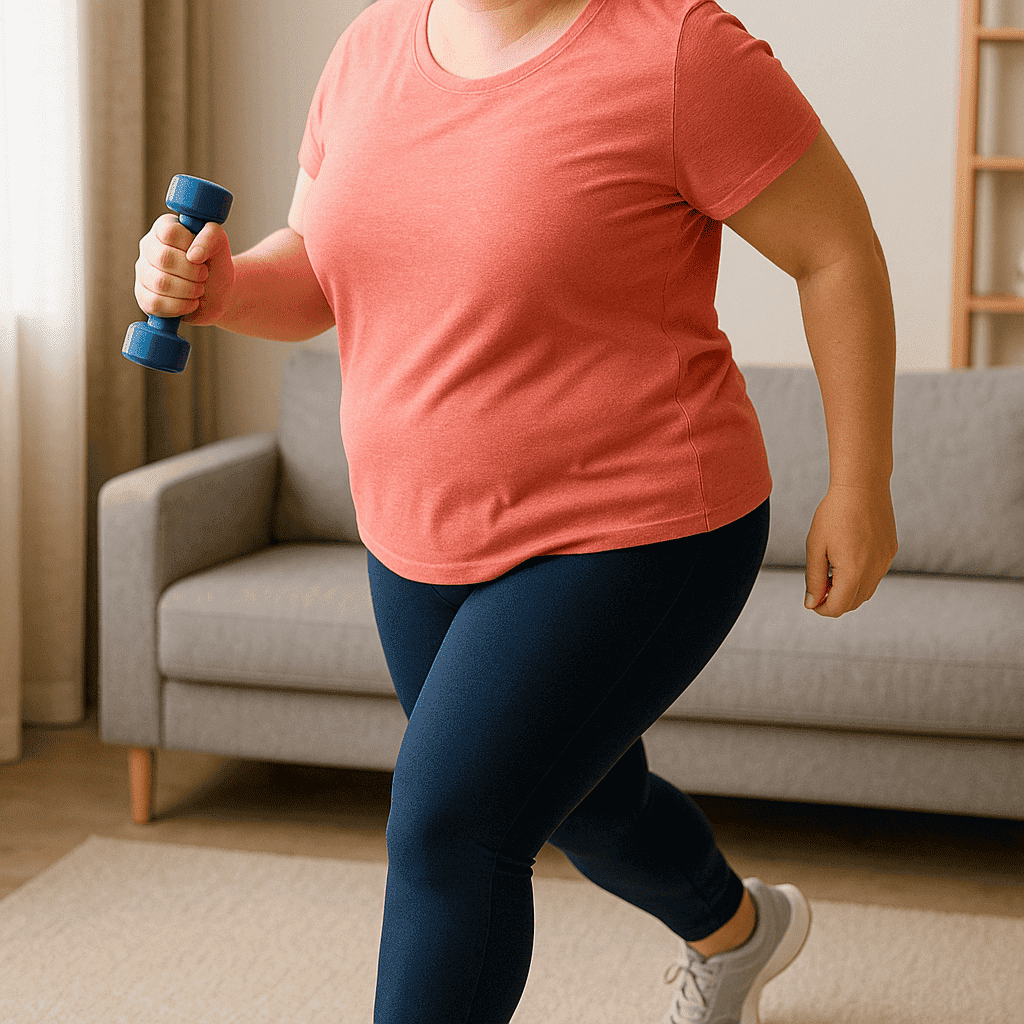 Mulher com sobrepeso iniciando atividade física em casa, segurando um haltere leve enquanto faz exercício de baixo impacto, vestindo roupa esportiva confortável.