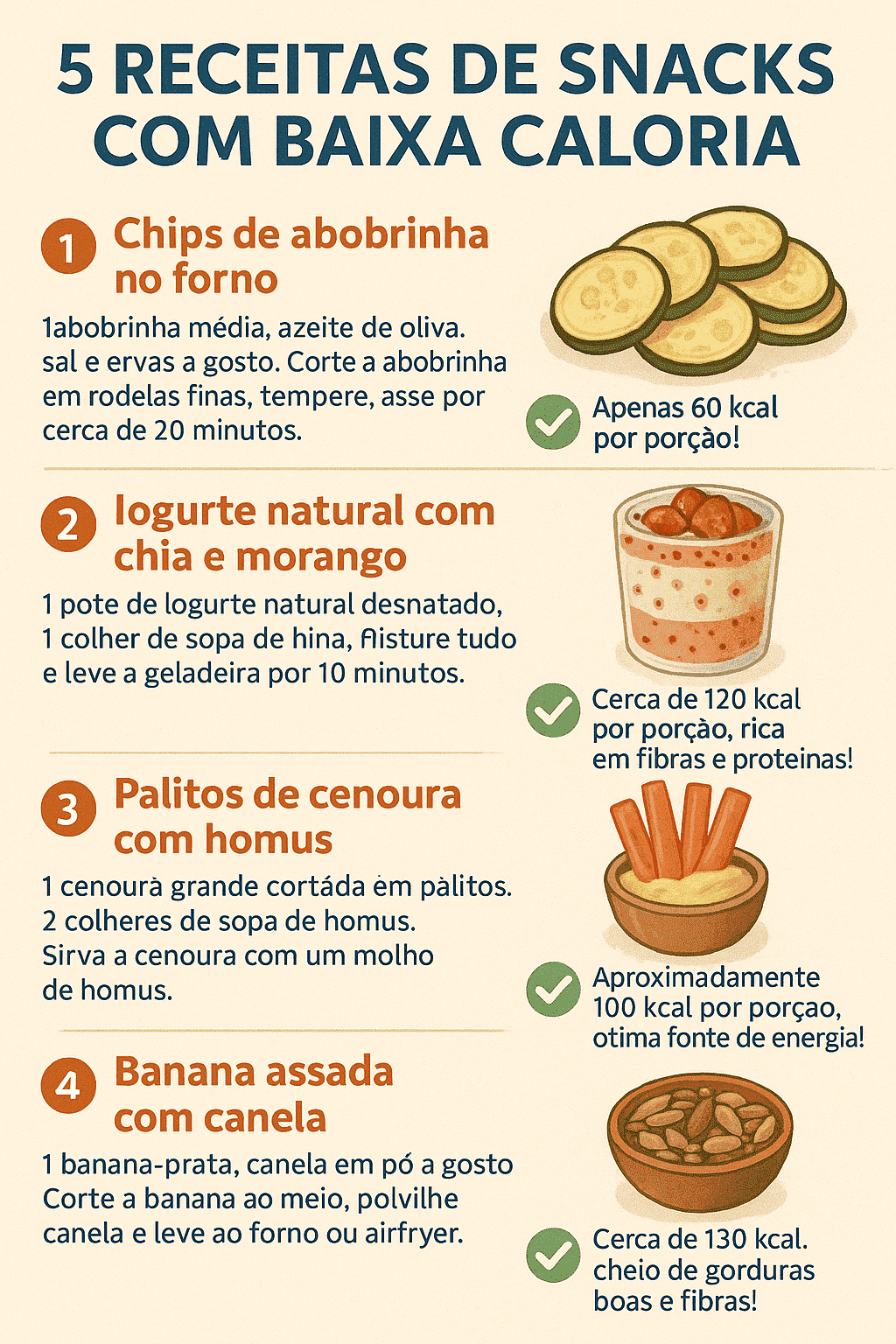 Veja 5 receitas práticas de snacks com baixa caloria, saudáveis e saborosos para matar a fome sem sair da dieta.