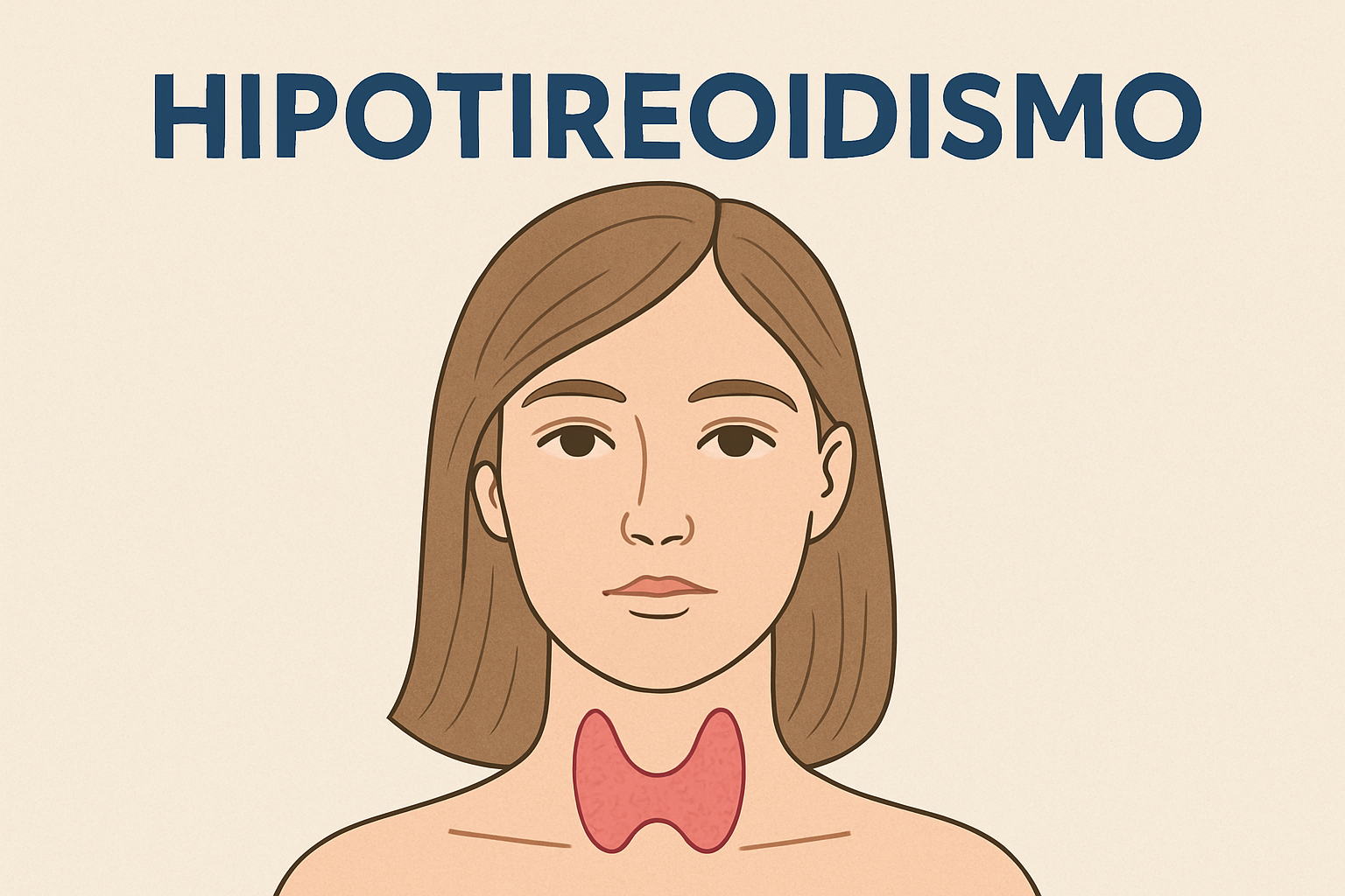 Ilustração digital em estilo vetorial mostra o busto de uma mulher com expressão neutra e fundo bege claro. Na região do pescoço, a glândula tireoide está destacada em rosa, indicando o foco na condição de hipotireoidismo. Acima da cabeça da mulher, está escrito o título "HIPOTIREOIDISMO" em letras grandes e escuras.
