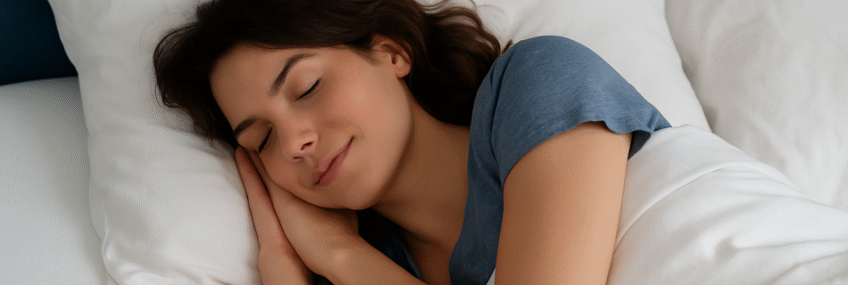 Mulher jovem dormindo de lado com expressão relaxada, coberta por lençóis brancos em um ambiente calmo e aconchegante.