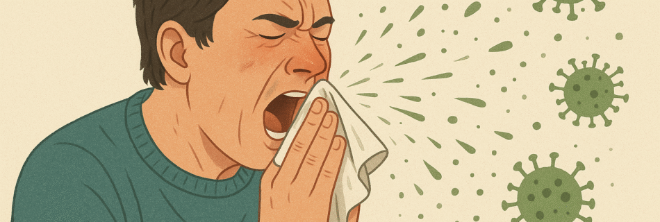 Homem espirrando com vírus saindo do espirro, representando a transmissão da gripe.