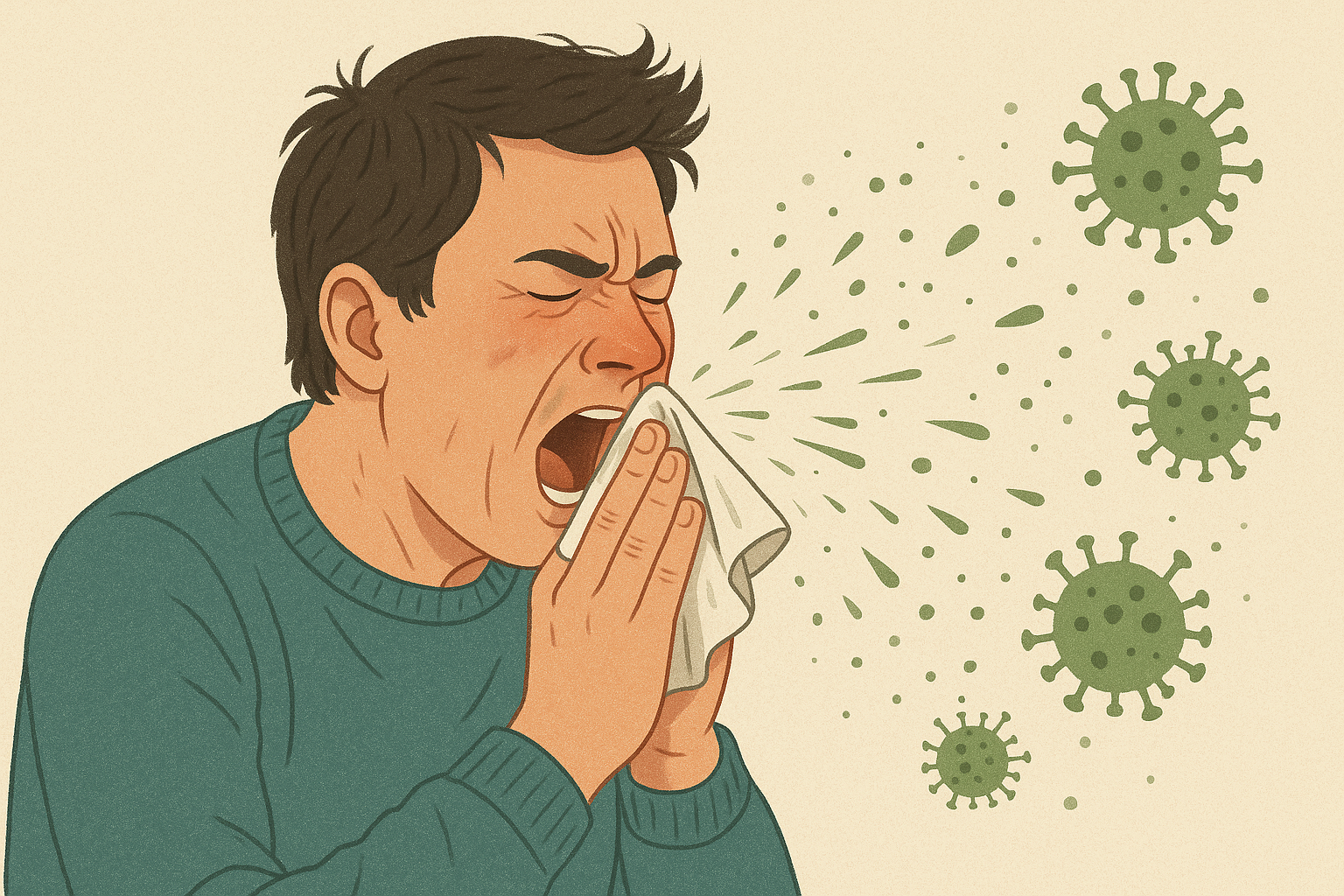 Homem espirrando com vírus saindo do espirro, representando a transmissão da gripe.