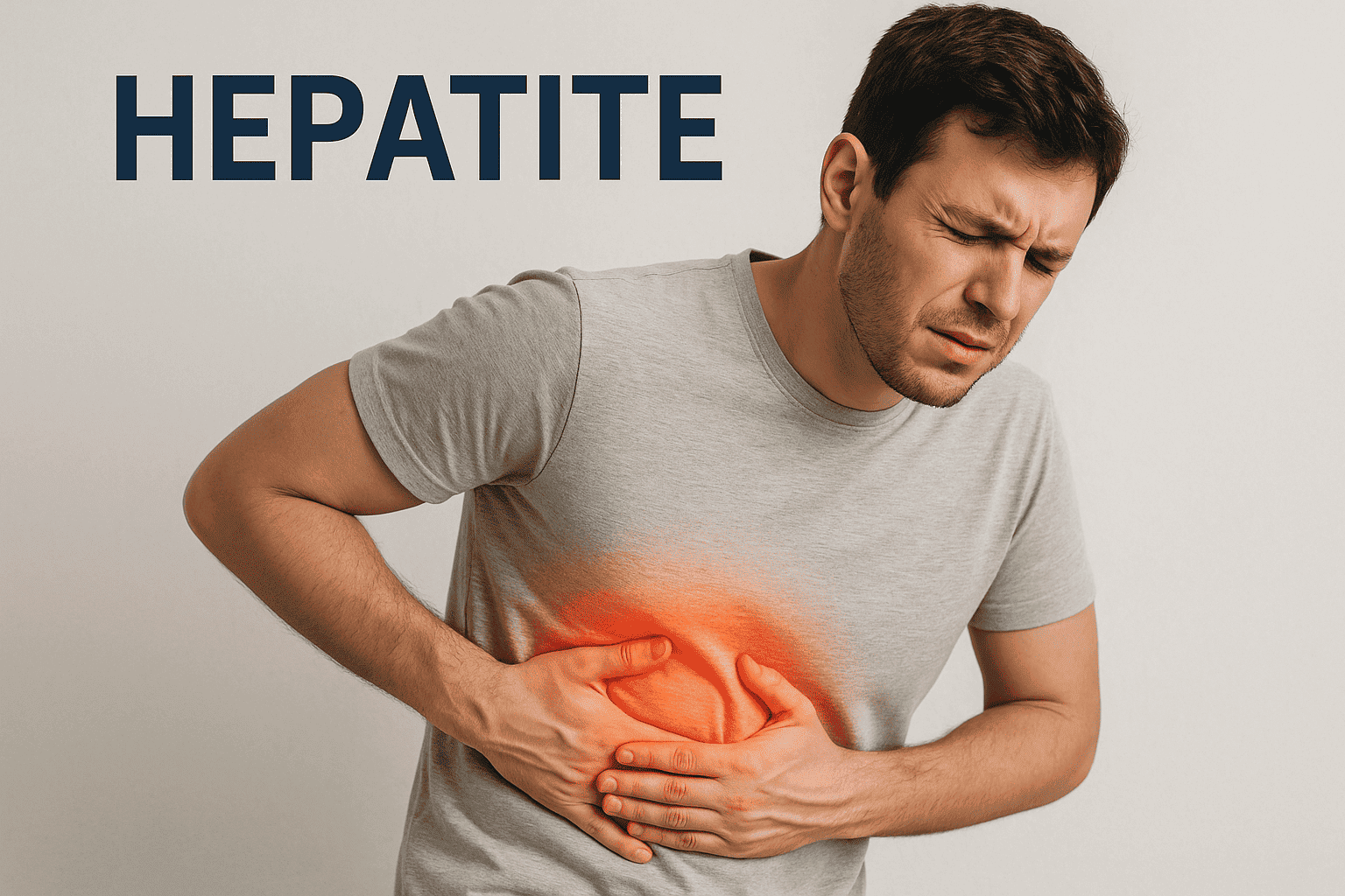 Homem jovem com expressão de dor segurando o lado direito do abdômen, indicando sintomas de hepatite no fígado