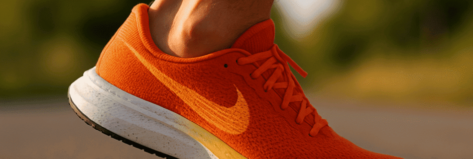 Pessoa correndo com tênis de corrida laranja em foco, mostrando o drop e a pisada no asfalto.