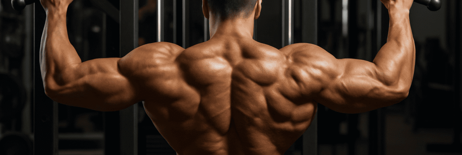 Fisiculturista realizando puxada na barra, com foco nos músculos das costas, especialmente o latíssimo do dorso, em ambiente de academia.