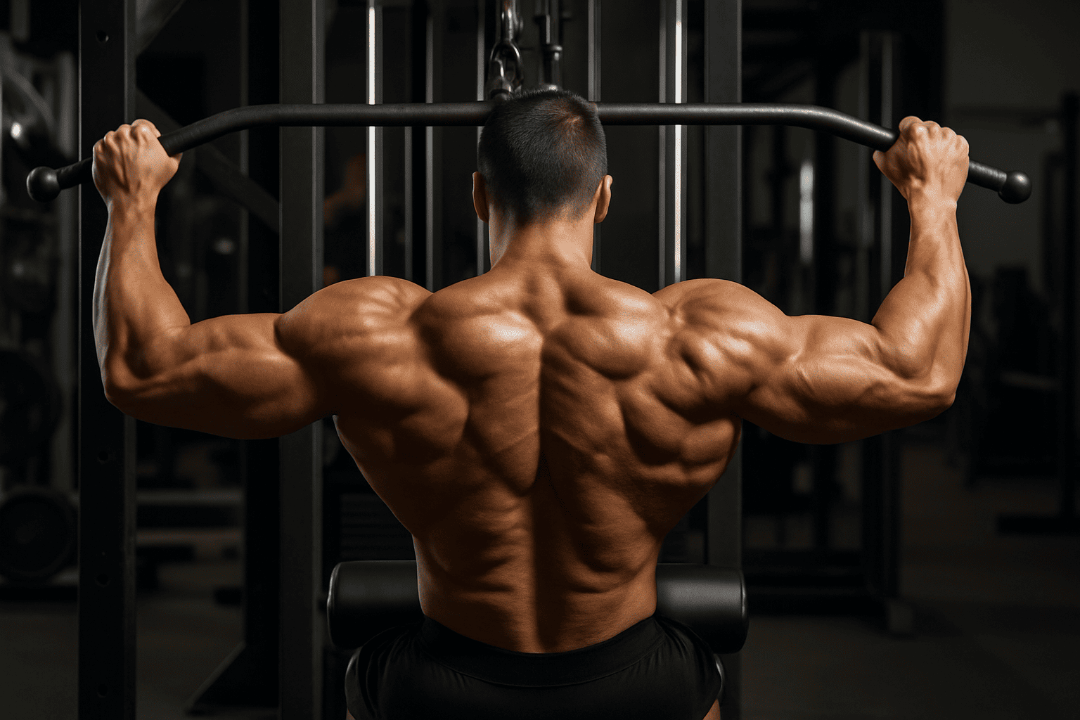 Fisiculturista realizando puxada na barra, com foco nos músculos das costas, especialmente o latíssimo do dorso, em ambiente de academia.