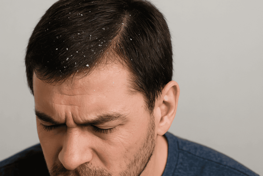 Homem com caspa visível no couro cabeludo e cabelo escuro, em close-up, mostrando escamação típica da dermatite seborreica.