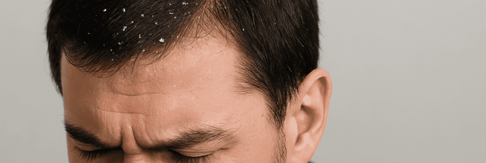 Homem com caspa visível no couro cabeludo e cabelo escuro, em close-up, mostrando escamação típica da dermatite seborreica.
