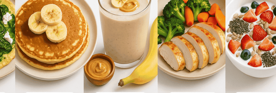 Montagem com cinco receitas proteicas saudáveis: omelete com espinafre, panqueca com banana e whey, shake pós-treino, frango com legumes e iogurte com frutas e sementes.