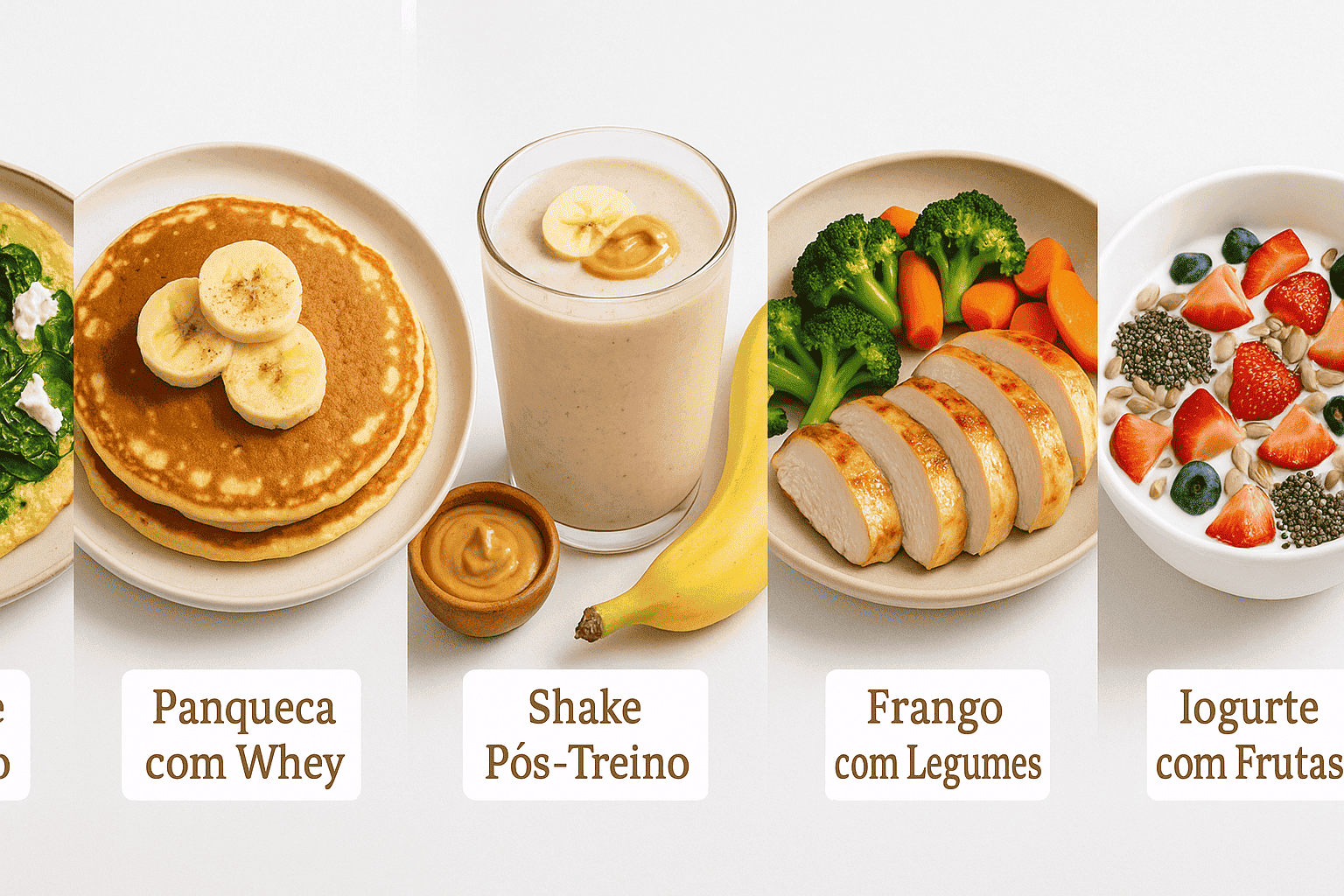 Montagem com cinco receitas proteicas saudáveis: omelete com espinafre, panqueca com banana e whey, shake pós-treino, frango com legumes e iogurte com frutas e sementes.