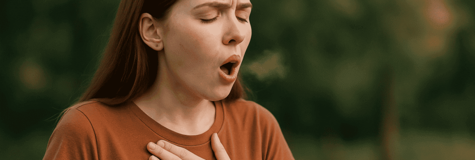 Jovem mulher colocando a mão no peito e soltando ar pela boca durante um soluço, em ambiente externo com fundo verde desfocado.