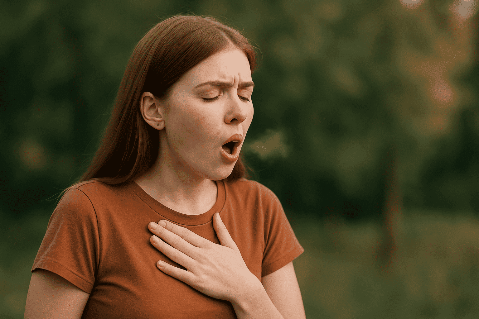 Jovem mulher colocando a mão no peito e soltando ar pela boca durante um soluço, em ambiente externo com fundo verde desfocado.