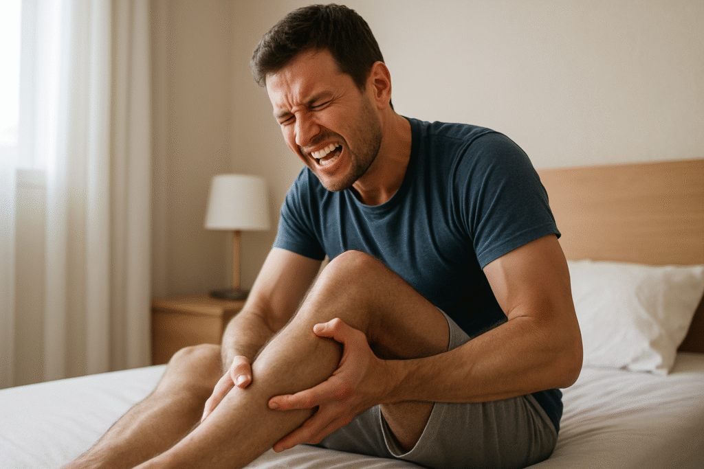 Homem sentado na cama sentindo cãibra intensa na panturrilha, com expressão de dor e mãos pressionando a perna.