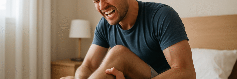 Homem sentado na cama sentindo cãibra intensa na panturrilha, com expressão de dor e mãos pressionando a perna.