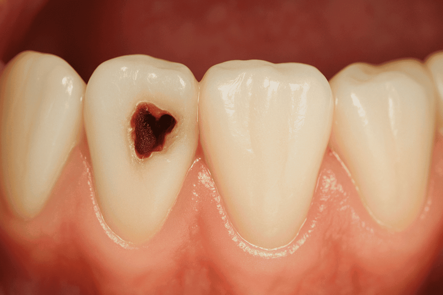 Close-up de dente com cárie escura visível no esmalte, ao lado de dentes saudáveis e gengiva rosada.