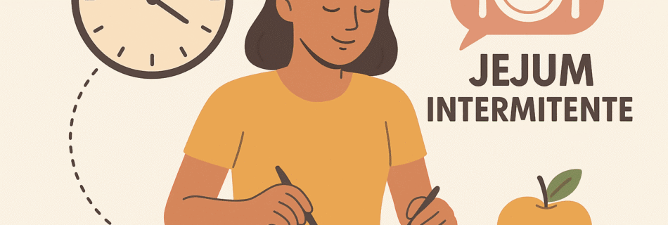 Uma mesa com um relógio marcando 16 horas, uma xícara de café, uma garrafa de água e frutas frescas, simbolizando os períodos de jejum e alimentação do Jejum Intermitente.