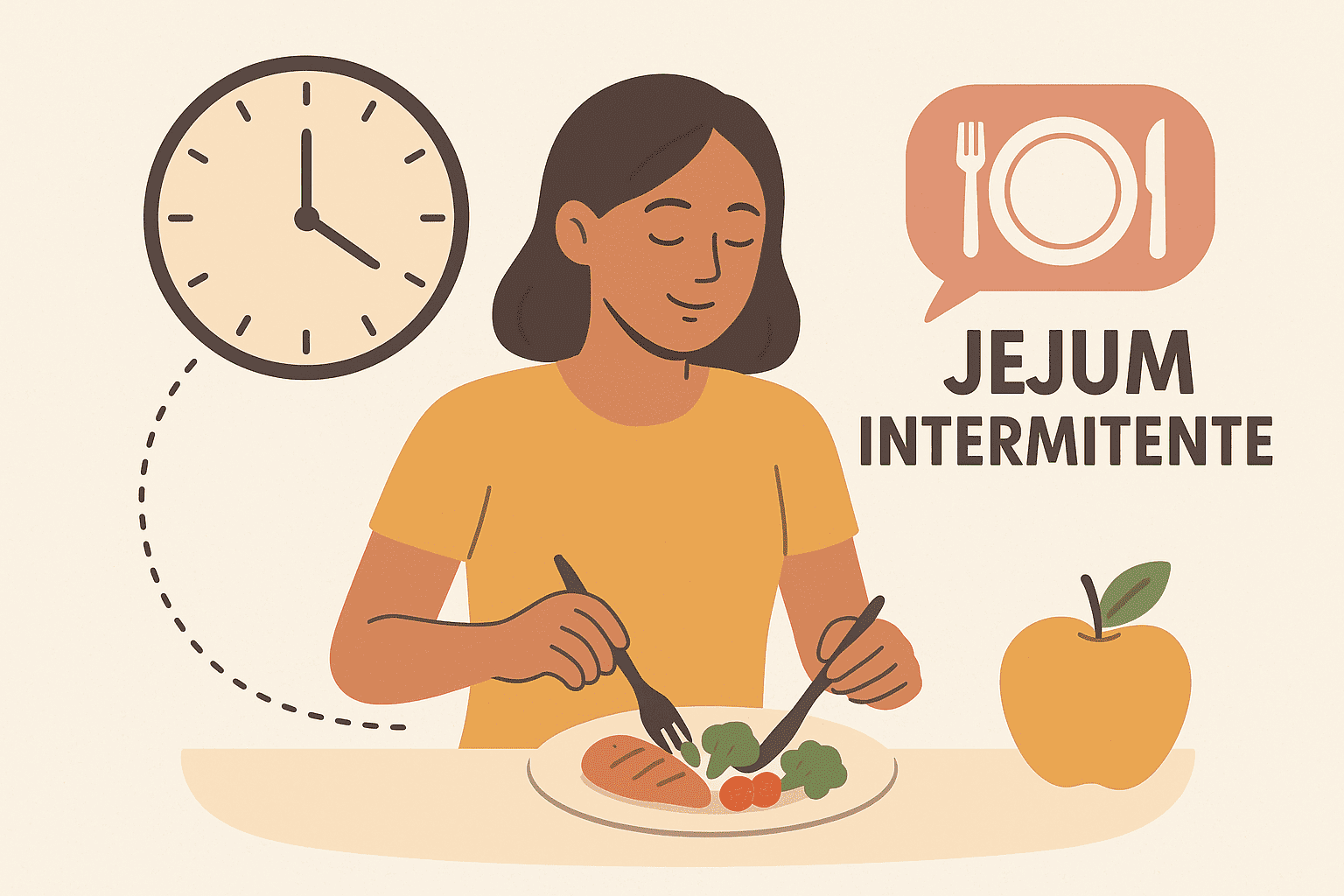 Uma mesa com um relógio marcando 16 horas, uma xícara de café, uma garrafa de água e frutas frescas, simbolizando os períodos de jejum e alimentação do Jejum Intermitente.