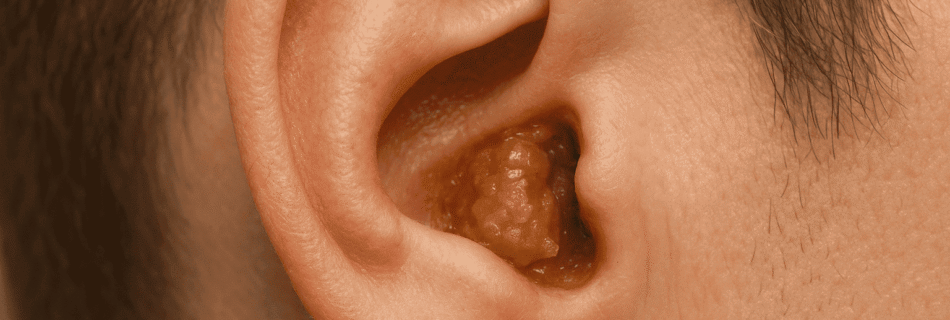 Ilustração didática mostrando um corte transversal do ouvido humano, destacando a localização da cera de ouvido no canal auditivo externo e um cotonete sendo usado incorretamente, empurrando a cera para dentro.