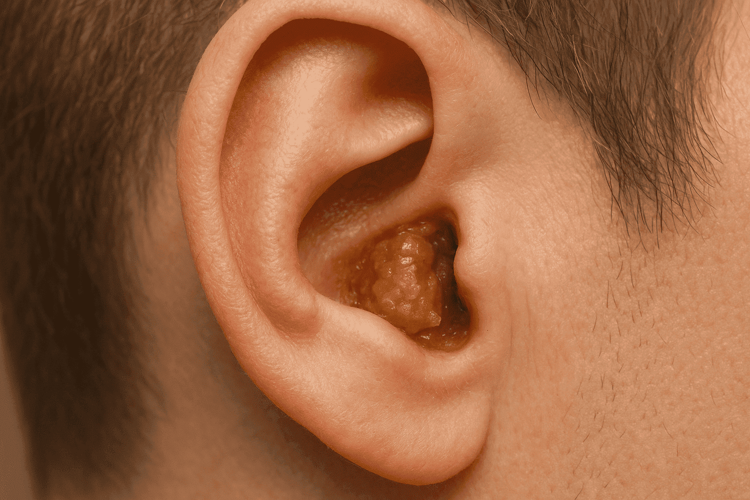 Ilustração didática mostrando um corte transversal do ouvido humano, destacando a localização da cera de ouvido no canal auditivo externo e um cotonete sendo usado incorretamente, empurrando a cera para dentro.