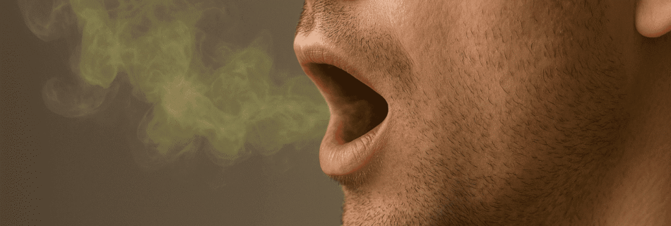 Uma ilustração didática com três seções. A primeira mostra bactérias na língua, a segunda, uma escova de dentes e fio dental sendo usados corretamente, e a terceira, uma pessoa confiante sorrindo, simbolizando a solução para o mal hálito.