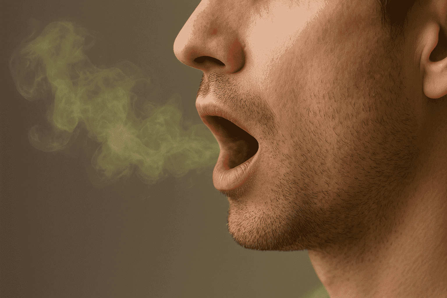 Uma ilustração didática com três seções. A primeira mostra bactérias na língua, a segunda, uma escova de dentes e fio dental sendo usados corretamente, e a terceira, uma pessoa confiante sorrindo, simbolizando a solução para o mal hálito.