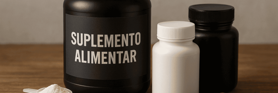 Uma composição visual com diversos tipos de suplementos alimentares (potes de proteína em pó, cápsulas de vitaminas, embalagens de creatina) dispostos de forma organizada sobre uma superfície limpa, com uma balança de alimentos e frutas ao fundo, simbolizando a importância de uma dieta equilibrada em conjunto com a suplementação.
