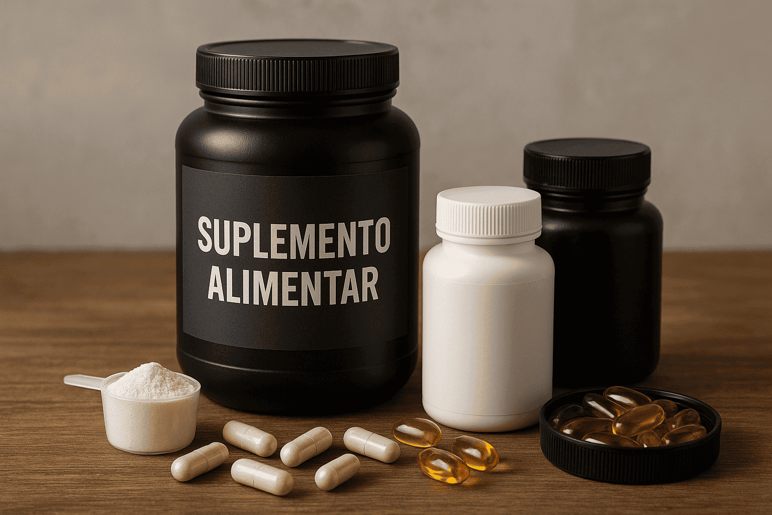 Uma composição visual com diversos tipos de suplementos alimentares (potes de proteína em pó, cápsulas de vitaminas, embalagens de creatina) dispostos de forma organizada sobre uma superfície limpa, com uma balança de alimentos e frutas ao fundo, simbolizando a importância de uma dieta equilibrada em conjunto com a suplementação.