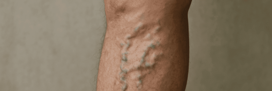 Imagem de uma pessoa deitada, com as pernas levemente elevadas sobre uma almofada, e o tornozelo sendo massageado suavemente. A cena transmite a sensação de alívio, cuidado e a importância de repousar as pernas para melhorar a circulação sanguínea.