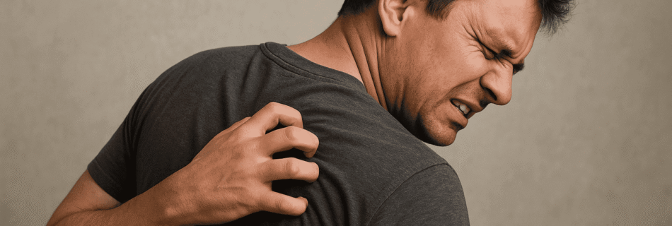 Uma pessoa coçando as costas com uma escova de cabo longo. A imagem, com cores neutras, ilustra o desconforto e a dificuldade de alcançar a área, simbolizando a frustração causada pela coceira persistente.