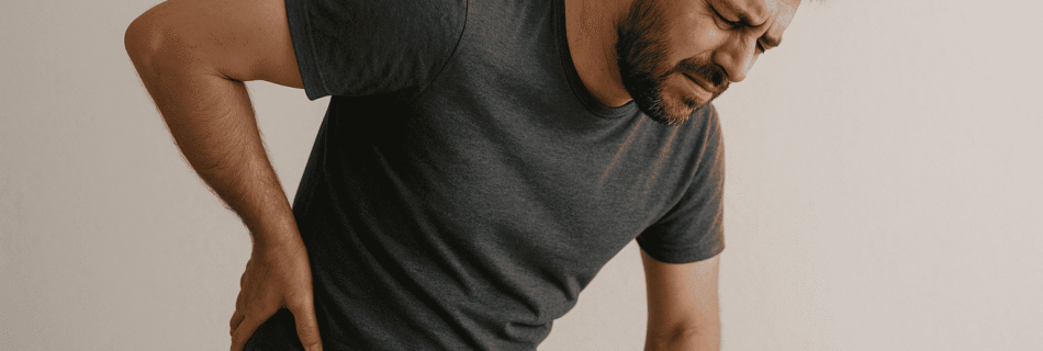 Uma sequência de três imagens mostrando diferentes exercícios suaves para a dor lombar: uma pessoa fazendo a postura da ponte (elevação do quadril), outra realizando a postura gato-vaca e uma terceira alongando os isquiotibiais com uma toalha. As imagens transmitem a ideia de movimento controlado e alívio da tensão na região lombar.