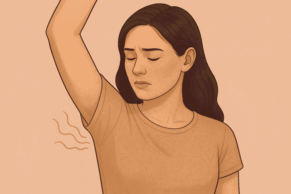 Uma pessoa usando um desodorante em spray ou aerossol na axila, ilustrando um ato de higiene comum para combater o mau odor. A imagem tem um fundo neutro e limpo, focando no produto e no ato de aplicação.
