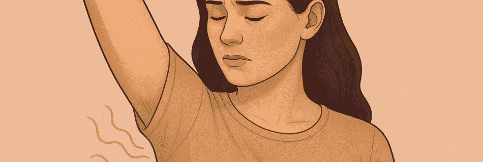 Uma pessoa usando um desodorante em spray ou aerossol na axila, ilustrando um ato de higiene comum para combater o mau odor. A imagem tem um fundo neutro e limpo, focando no produto e no ato de aplicação.