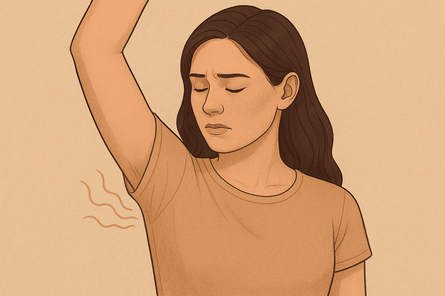 Uma pessoa usando um desodorante em spray ou aerossol na axila, ilustrando um ato de higiene comum para combater o mau odor. A imagem tem um fundo neutro e limpo, focando no produto e no ato de aplicação.