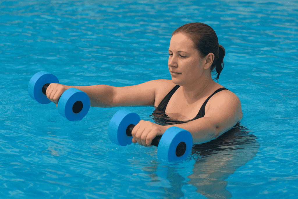 Uma colagem de fotos mostrando diferentes esportes de baixo impacto: uma pessoa nadando em uma piscina, outra caminhando em uma trilha, uma pessoa andando de bicicleta e outra fazendo uma pose de ioga em um ambiente natural. A imagem sugere uma variedade de opções seguras para se exercitar.