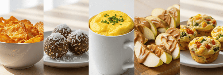 Uma colagem horizontal de cinco fotos que mostram diferentes snacks low carb: chips de queijo crocantes, bolinhas de amendoim e coco, um omelete de caneca, fatias de maçã com manteiga de amêndoa e muffins de ovos com vegetais.
