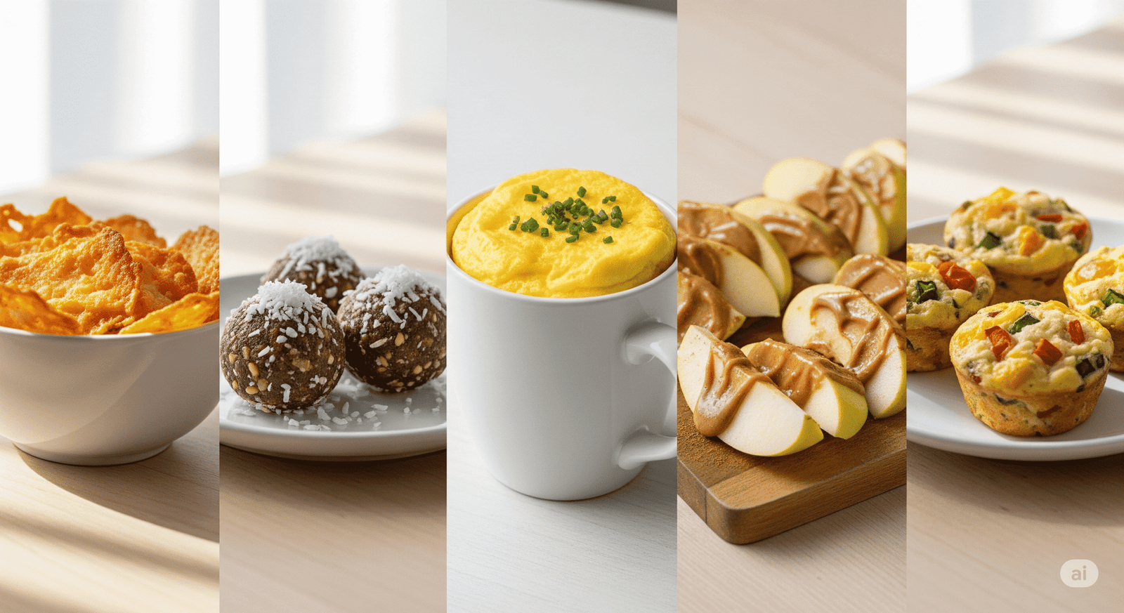 Uma colagem horizontal de cinco fotos que mostram diferentes snacks low carb: chips de queijo crocantes, bolinhas de amendoim e coco, um omelete de caneca, fatias de maçã com manteiga de amêndoa e muffins de ovos com vegetais.