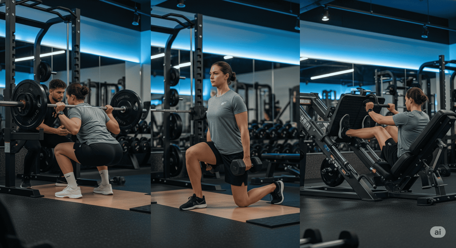 Sequência de imagens mostrando uma pessoa executando três exercícios para quadríceps em uma academia: agachamento com barra, avanço com halteres e leg press na máquina. A imagem destaca a forma correta e o ambiente de treino.