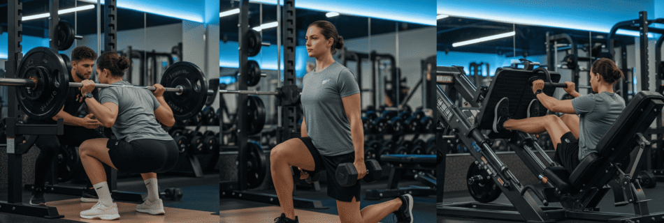 Sequência de imagens mostrando uma pessoa executando três exercícios para quadríceps em uma academia: agachamento com barra, avanço com halteres e leg press na máquina. A imagem destaca a forma correta e o ambiente de treino.