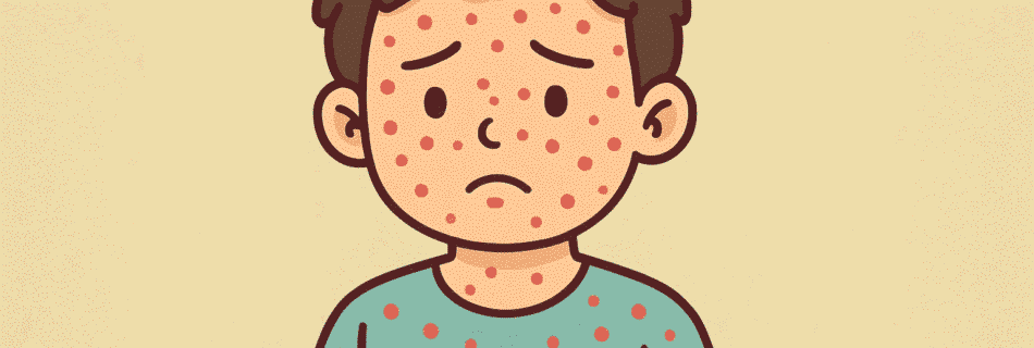 Ilustração de uma criança ou adulto com manchas vermelhas e bolhas (vesículas) características da catapora na pele, simbolizando os principais sintomas do vírus Varicela-Zóster.