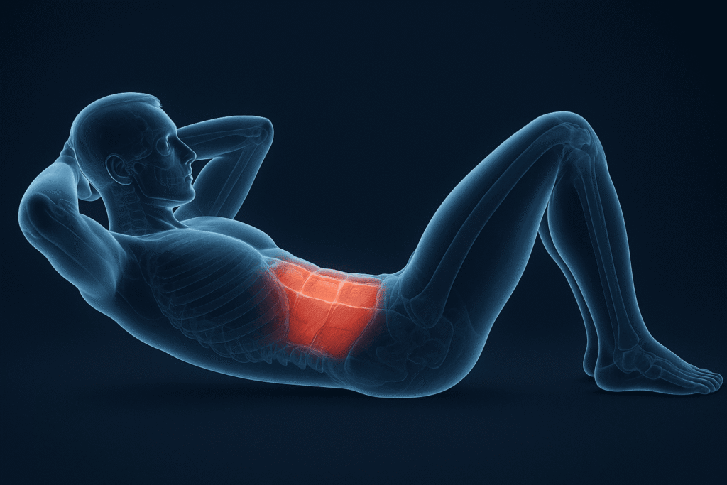 Colagem demonstrando a execução correta de diferentes exercícios para abdômen forte e Core: Prancha (Plank) para estabilidade, abdominal na polia para hipertrofia e elevação de pernas (infra) para a parte inferior.