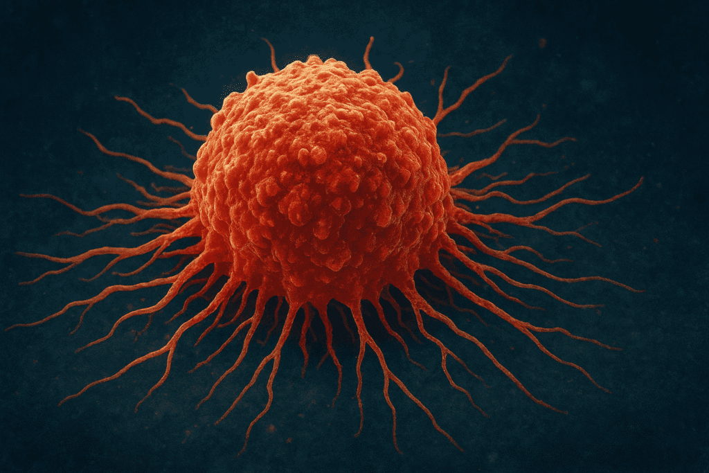 Ilustração detalhada de uma célula cancerígena com superfície irregular e extensões, representando o crescimento descontrolado das células no câncer.