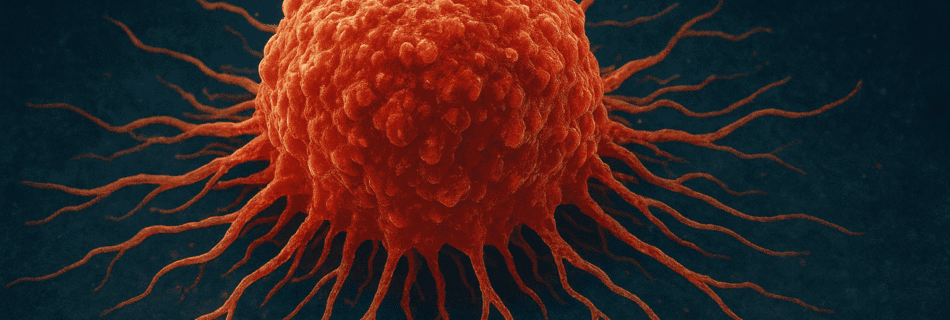 Ilustração detalhada de uma célula cancerígena com superfície irregular e extensões, representando o crescimento descontrolado das células no câncer.